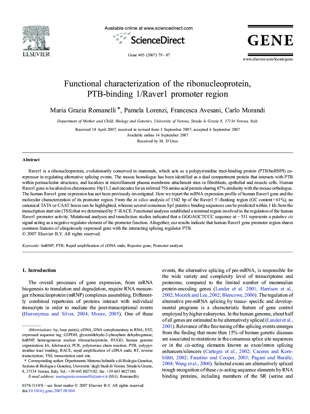 Functional characterization of the ribonucleoprotein, PTB-binding 1/Raver1 promoter region