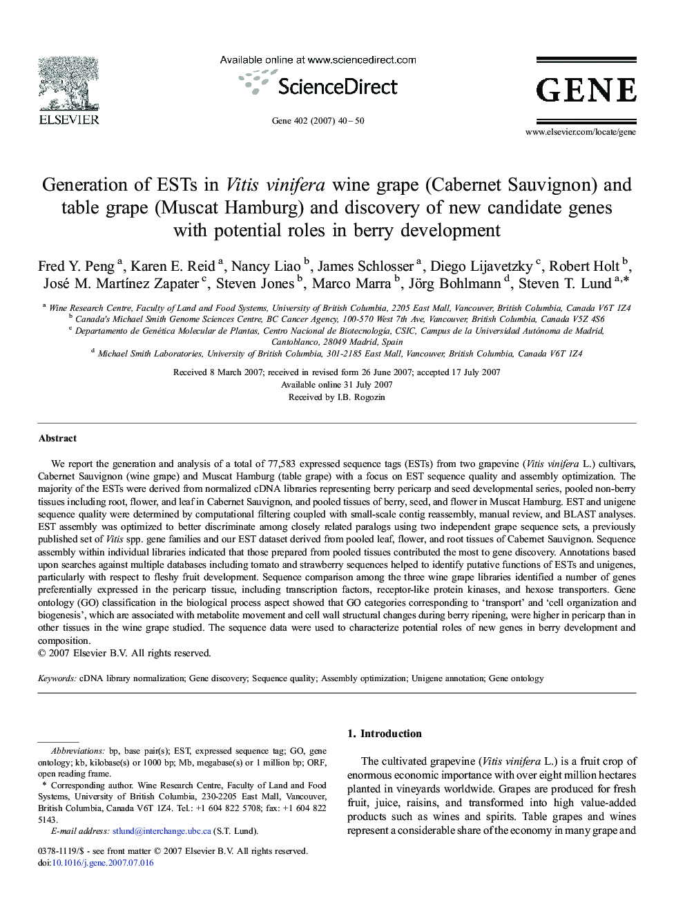 Generation of ESTs in Vitis vinifera wine grape (Cabernet Sauvignon) and table grape (Muscat Hamburg) and discovery of new candidate genes with potential roles in berry development