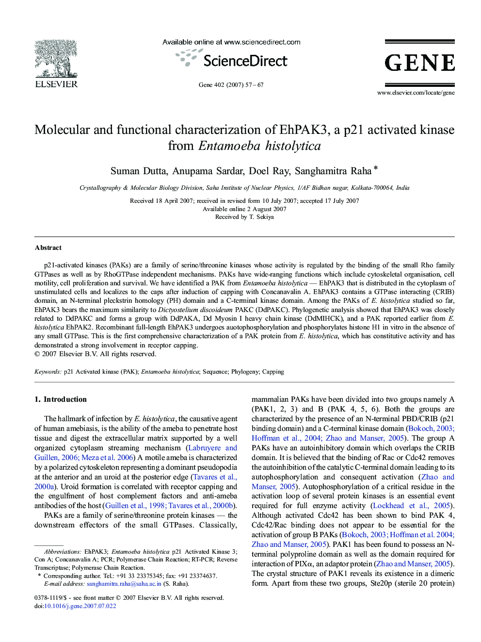 Molecular and functional characterization of EhPAK3, a p21 activated kinase from Entamoeba histolytica