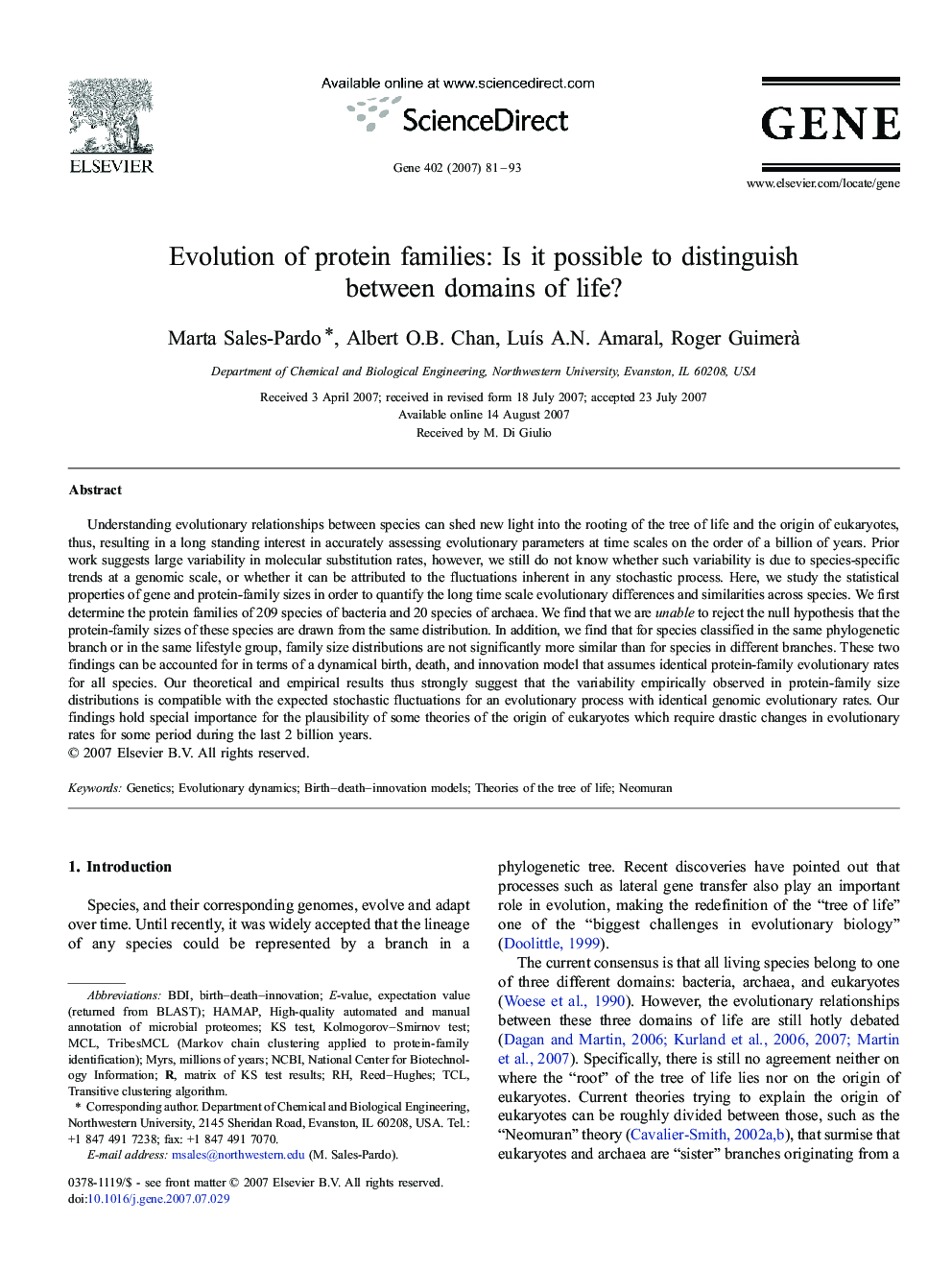 Evolution of protein families: Is it possible to distinguish between domains of life?