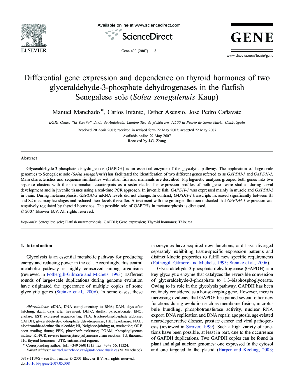 Differential gene expression and dependence on thyroid hormones of two glyceraldehyde-3-phosphate dehydrogenases in the flatfish Senegalese sole (Solea senegalensis Kaup)