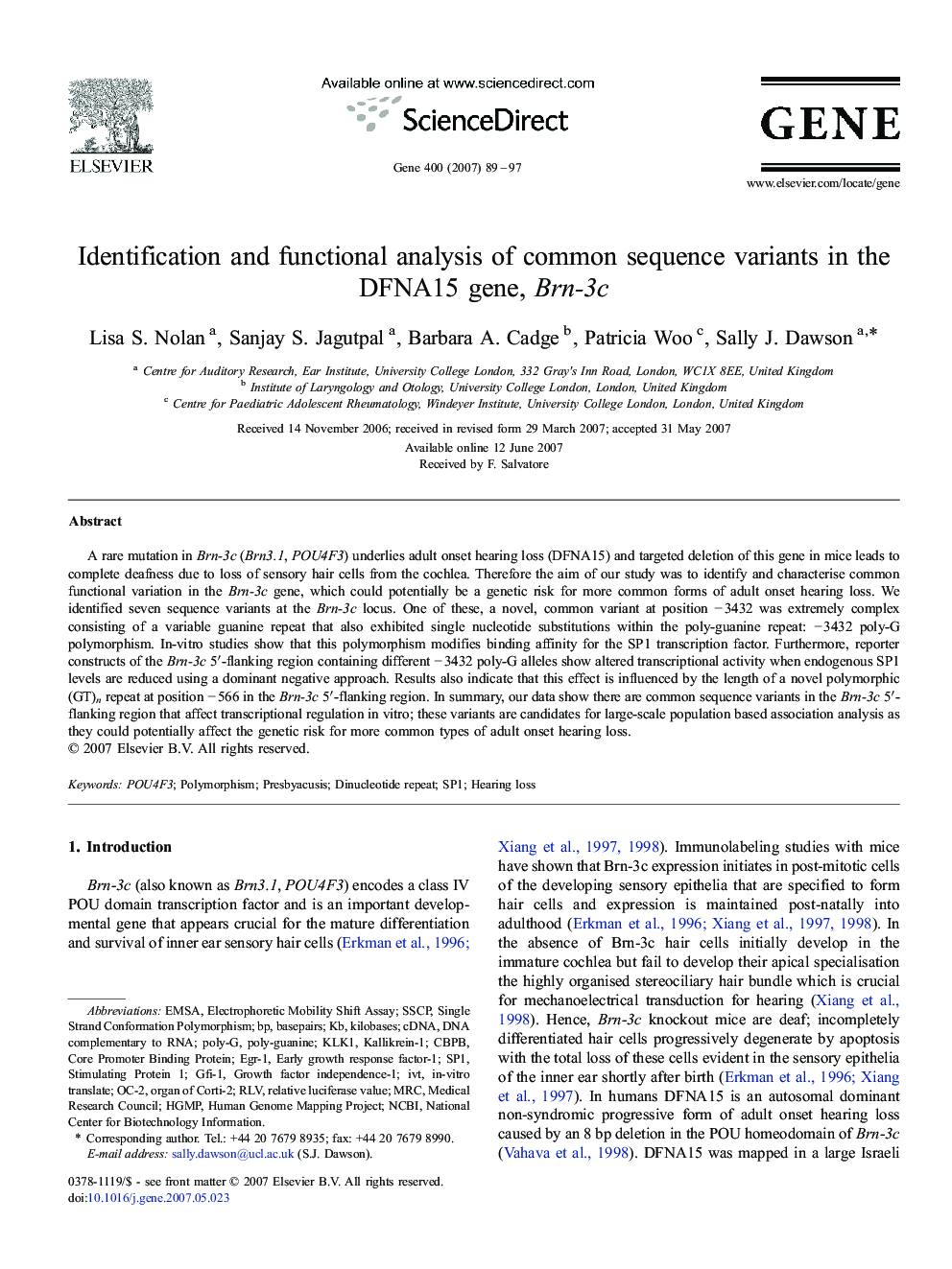 Identification and functional analysis of common sequence variants in the DFNA15 gene, Brn-3c