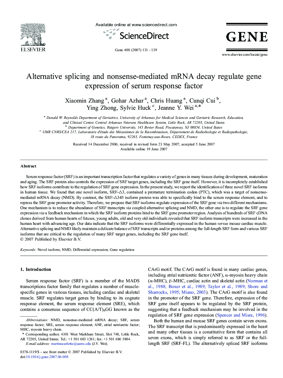 Alternative splicing and nonsense-mediated mRNA decay regulate gene expression of serum response factor