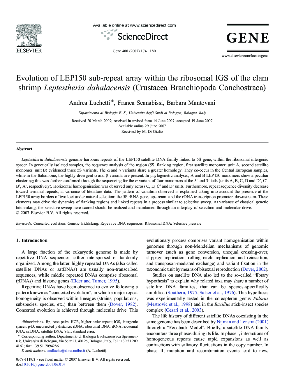 Evolution of LEP150 sub-repeat array within the ribosomal IGS of the clam shrimp Leptestheria dahalacensis (Crustacea Branchiopoda Conchostraca)