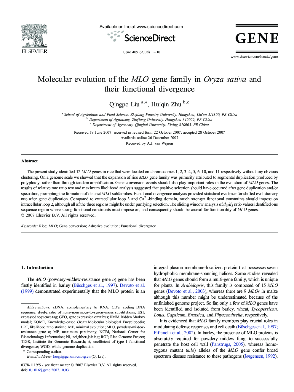 Molecular evolution of the MLO gene family in Oryza sativa and their functional divergence