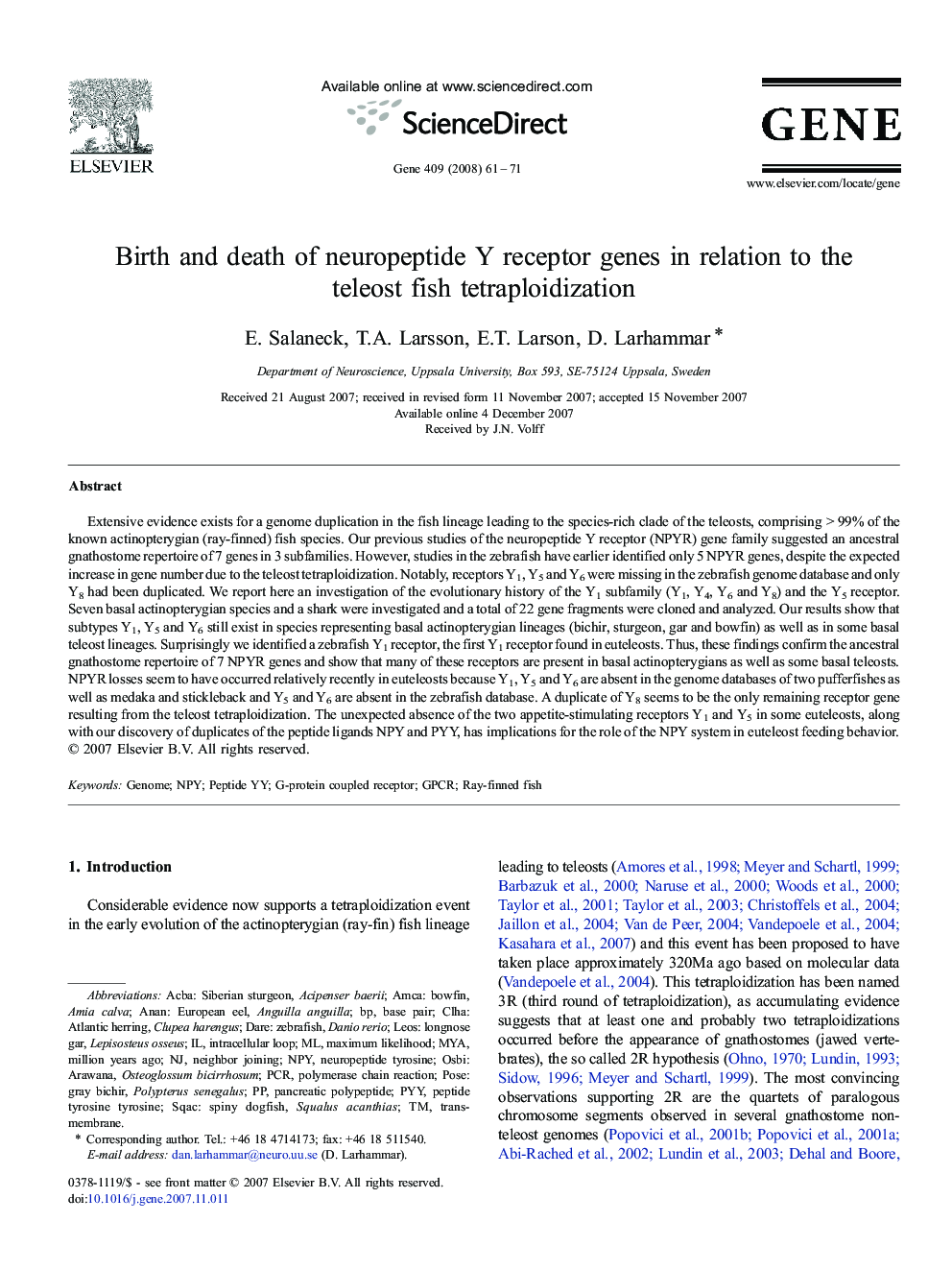عکس صفحه اول مقاله: Birth and death of neuropeptide Y receptor genes in relation to the teleost fish tetraploidization Birth and death of neuropeptide Y receptor genes in relation to the teleost fish tetraploidization