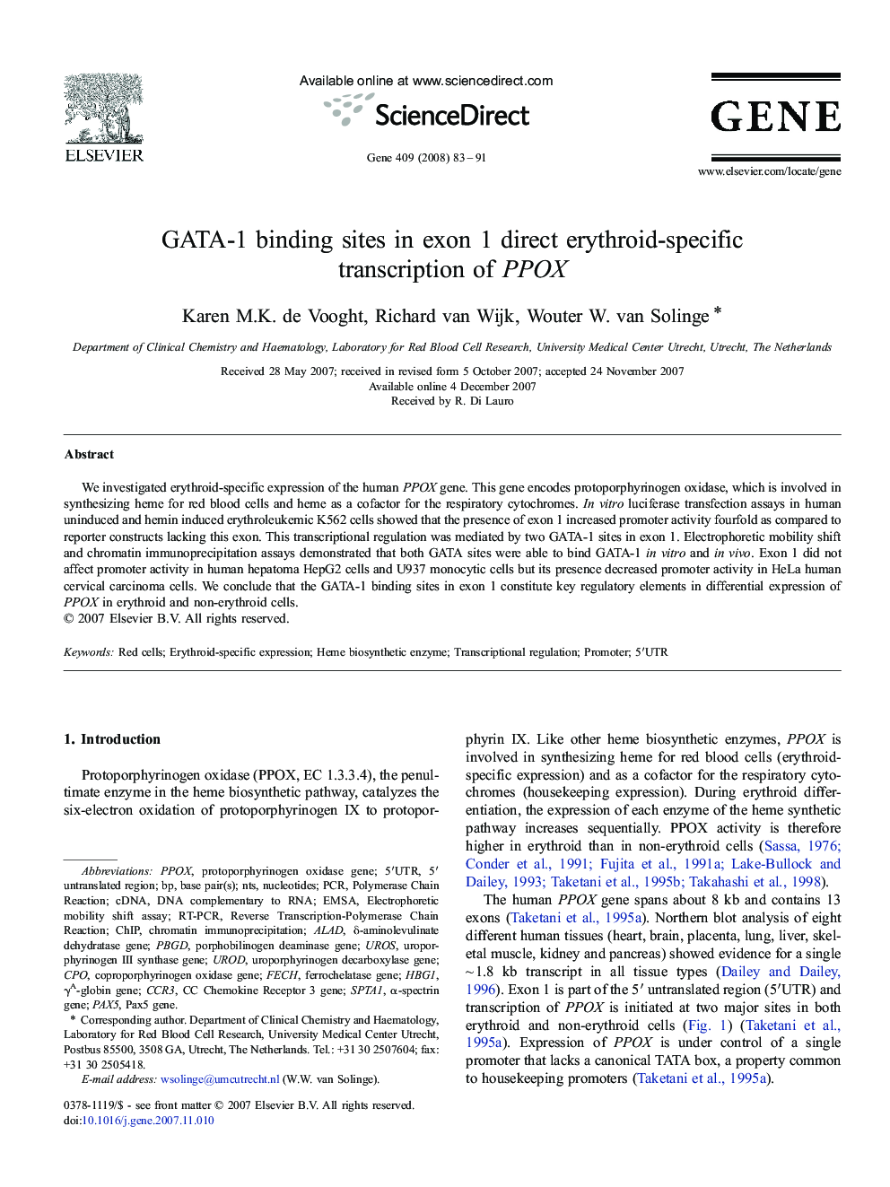 GATA-1 binding sites in exon 1 direct erythroid-specific transcription of PPOX