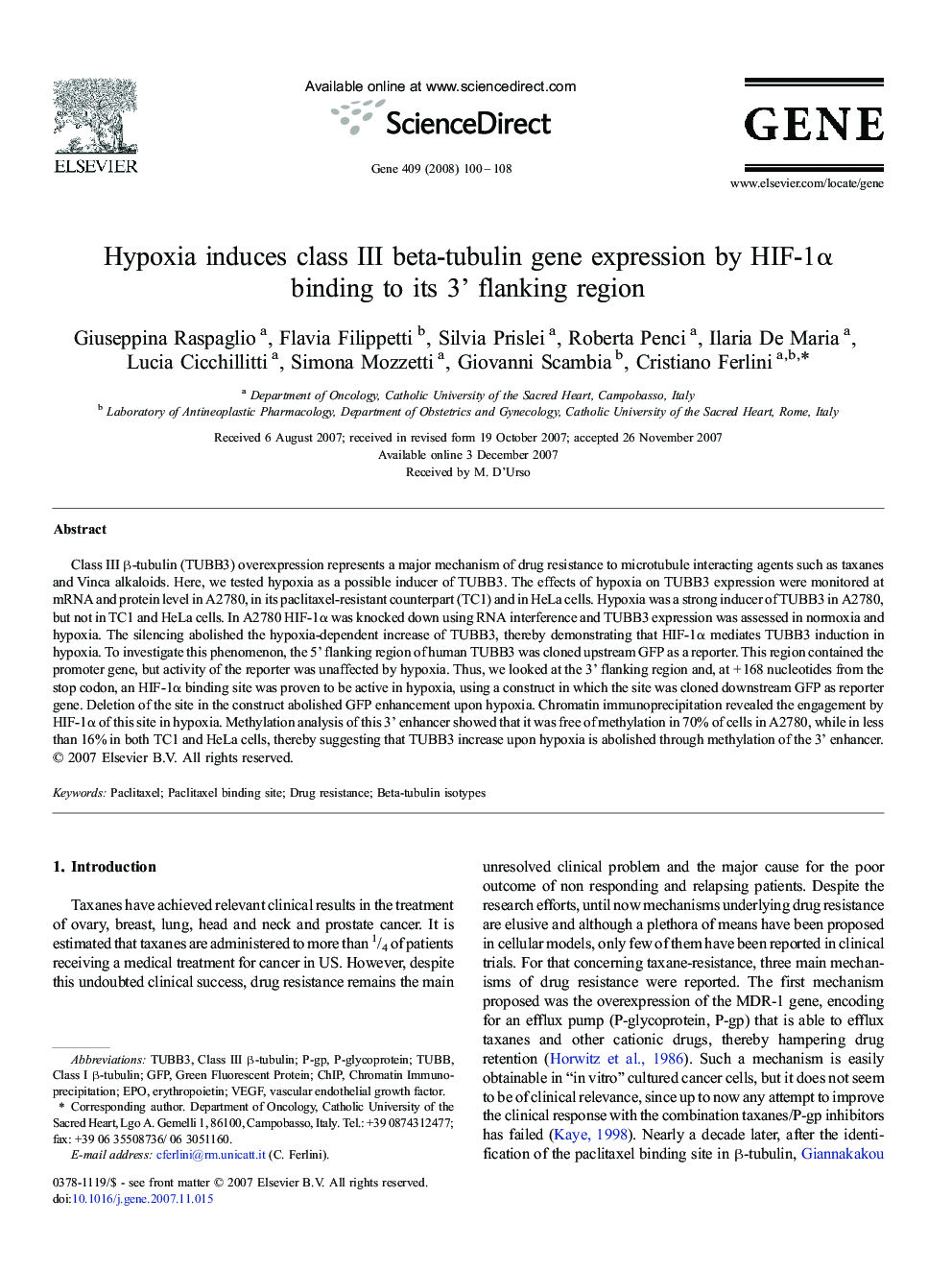 Hypoxia induces class III beta-tubulin gene expression by HIF-1α binding to its 3' flanking region