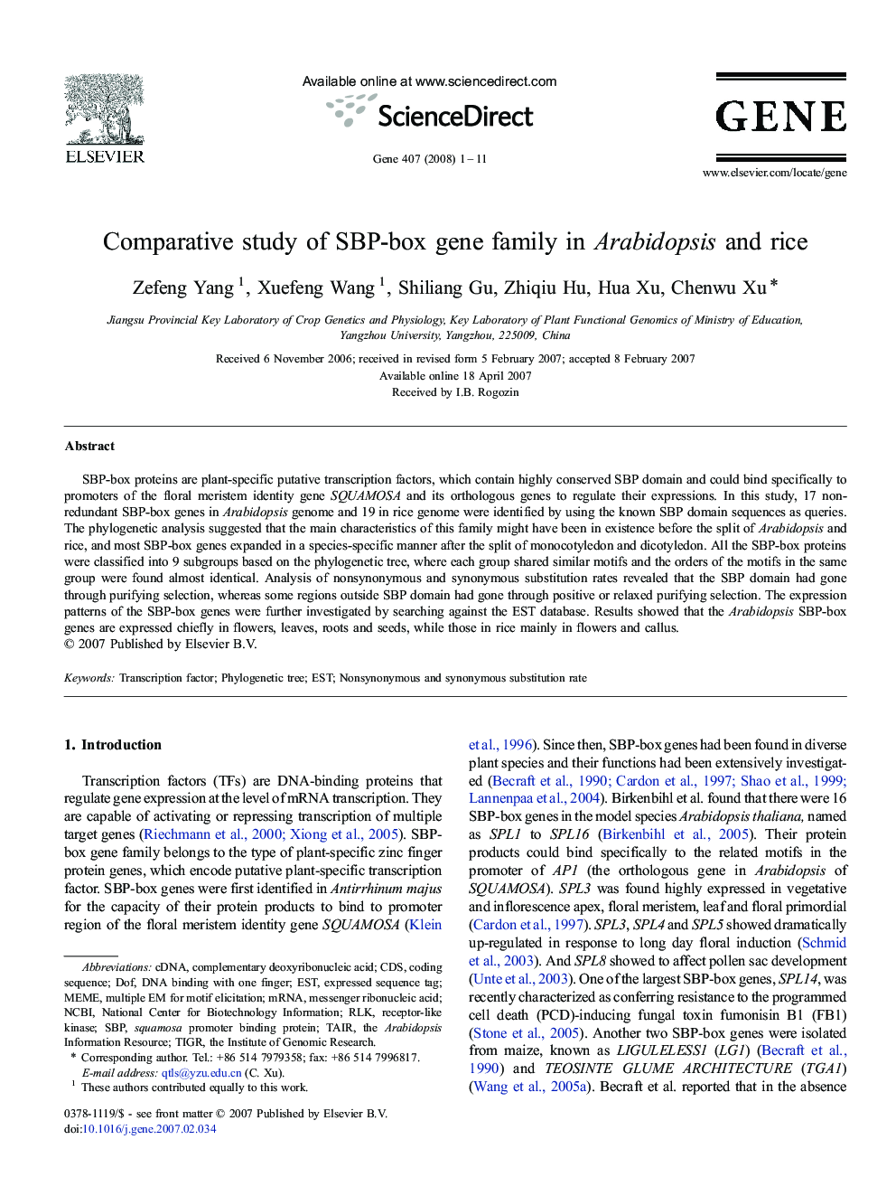 Comparative study of SBP-box gene family in Arabidopsis and rice