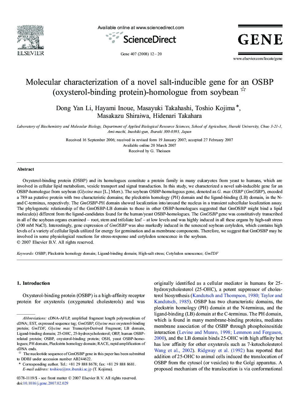 Molecular characterization of a novel salt-inducible gene for an OSBP (oxysterol-binding protein)-homologue from soybean 