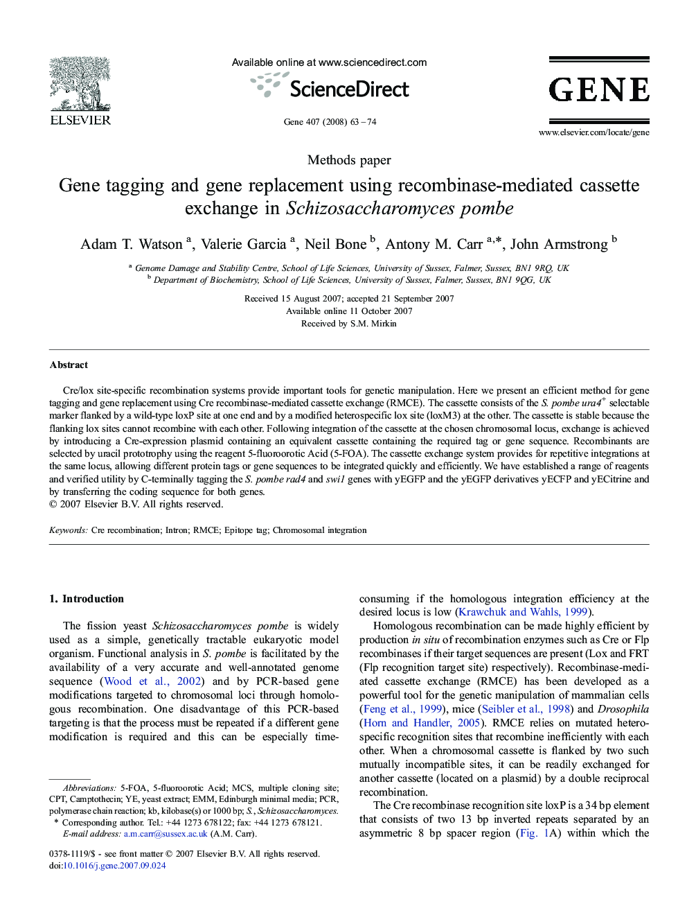 Gene tagging and gene replacement using recombinase-mediated cassette exchange in Schizosaccharomyces pombe