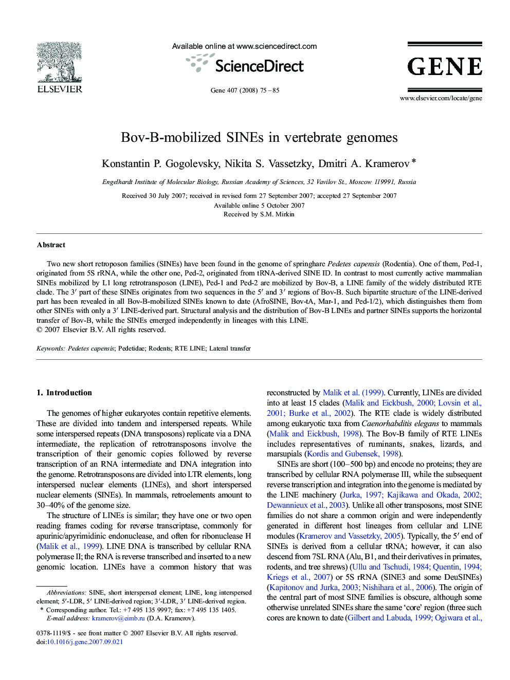 Bov-B-mobilized SINEs in vertebrate genomes