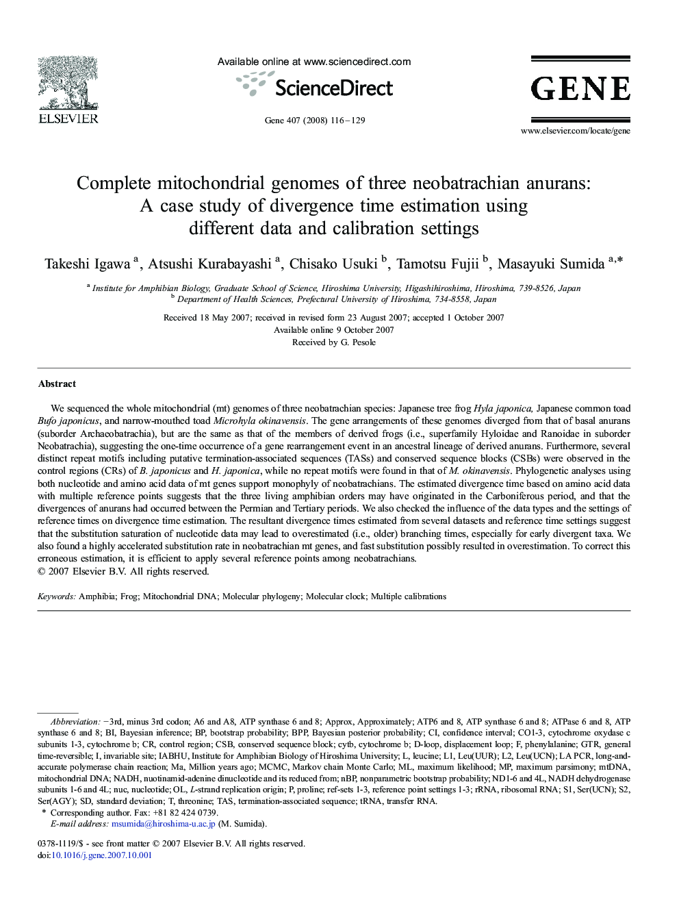 Complete mitochondrial genomes of three neobatrachian anurans: A case study of divergence time estimation using different data and calibration settings