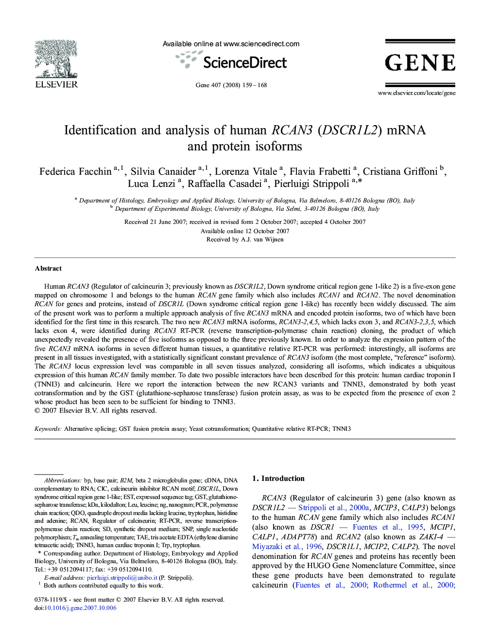 Identification and analysis of human RCAN3 (DSCR1L2) mRNA and protein isoforms