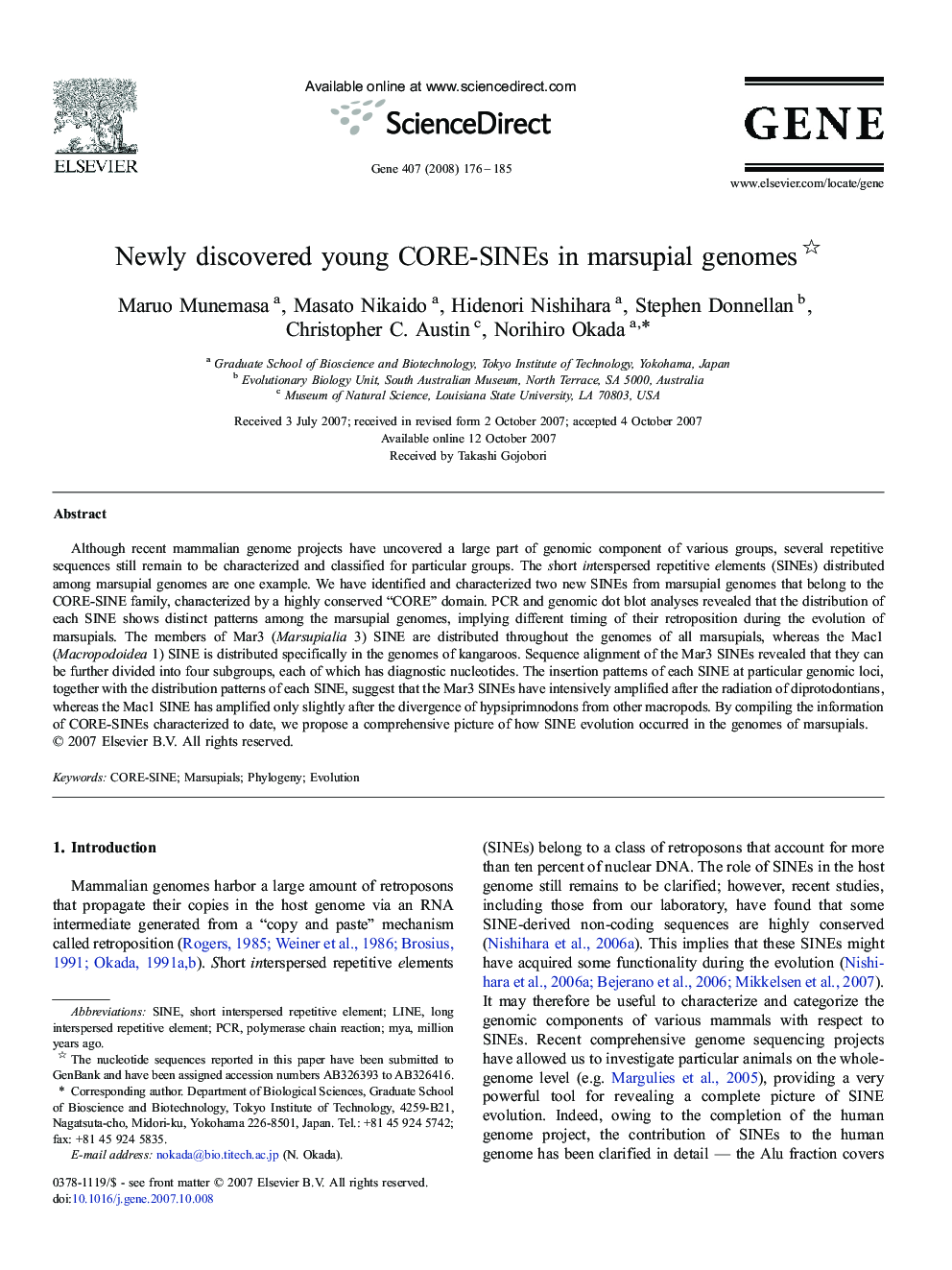 Newly discovered young CORE-SINEs in marsupial genomes