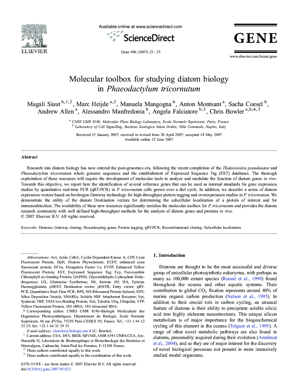 Molecular toolbox for studying diatom biology in Phaeodactylum tricornutum