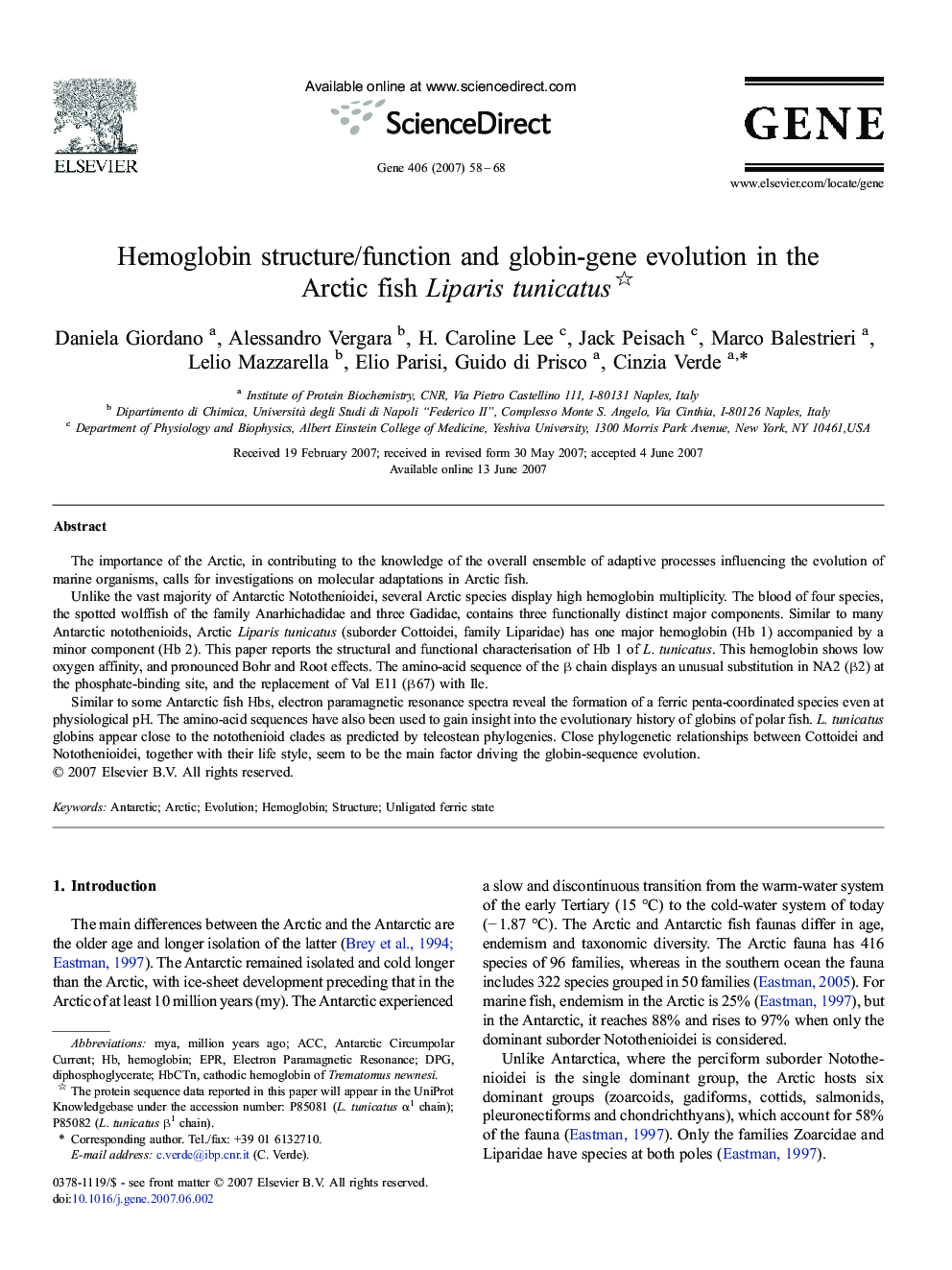 Hemoglobin structure/function and globin-gene evolution in the Arctic fish Liparis tunicatus 