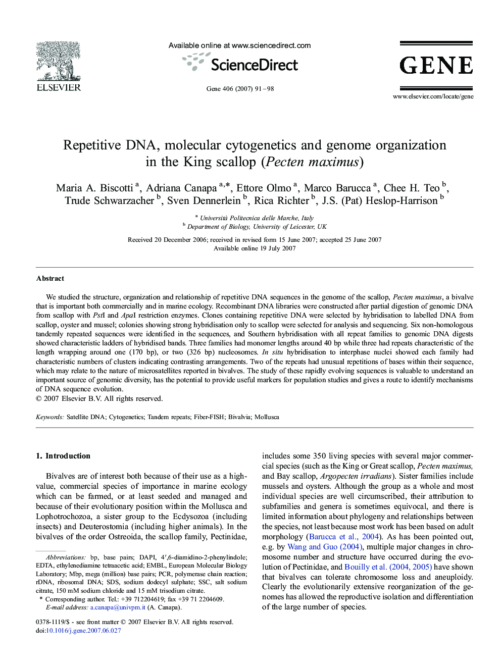 Repetitive DNA, molecular cytogenetics and genome organization in the King scallop (Pecten maximus)