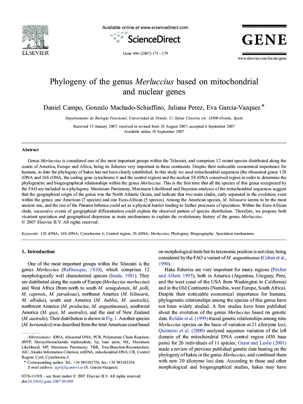 Phylogeny of the genus Merluccius based on mitochondrial and nuclear genes