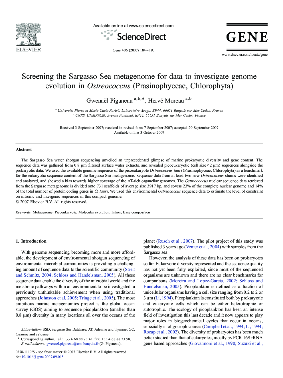 Screening the Sargasso Sea metagenome for data to investigate genome evolution in Ostreococcus (Prasinophyceae, Chlorophyta)