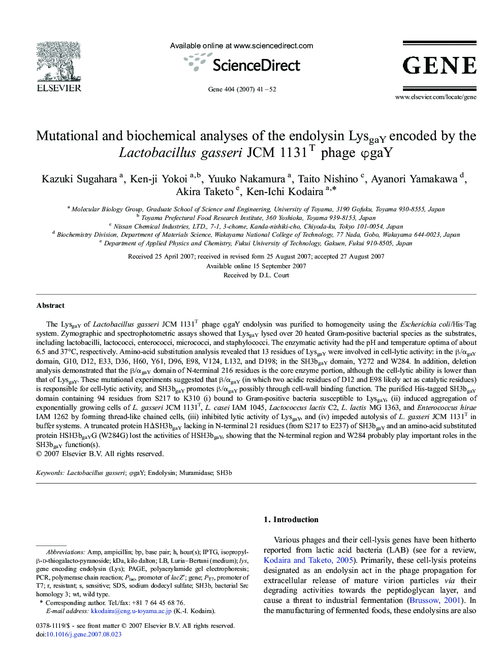 Mutational and biochemical analyses of the endolysin LysgaY encoded by the Lactobacillus gasseri JCM 1131T phage ÏgaY