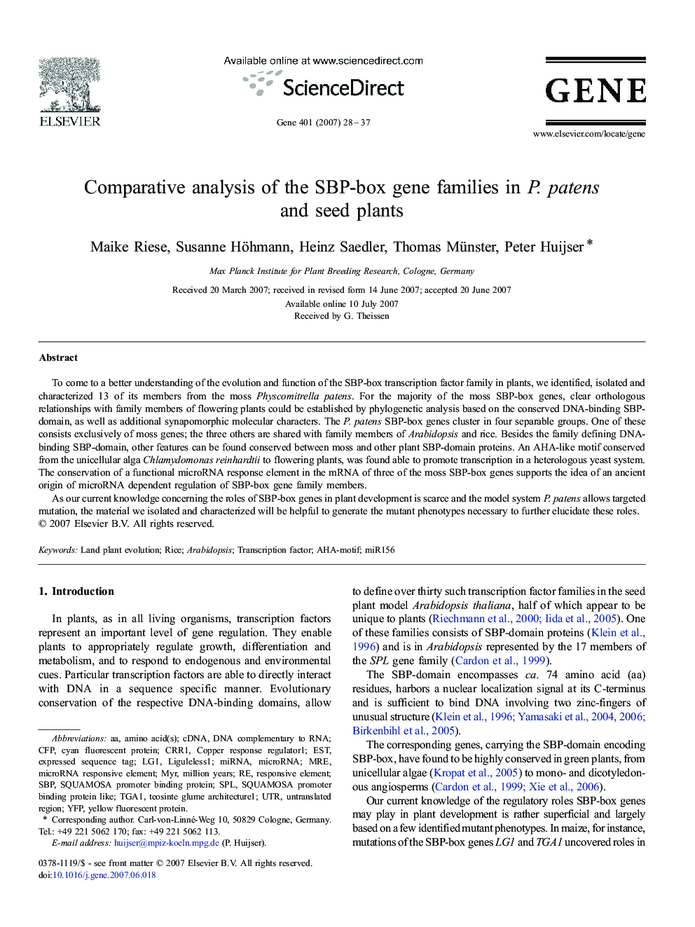 Comparative analysis of the SBP-box gene families in P. patens and seed plants