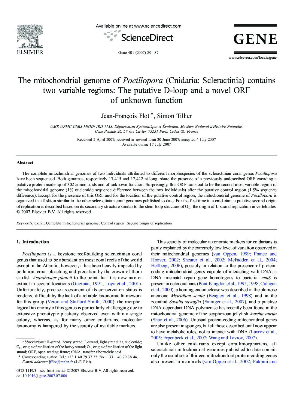 The mitochondrial genome of Pocillopora (Cnidaria: Scleractinia) contains two variable regions: The putative D-loop and a novel ORF of unknown function