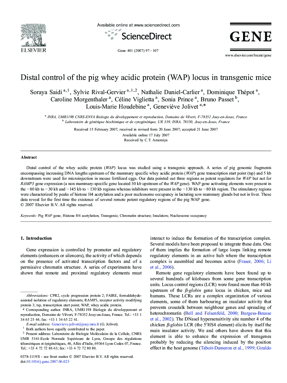 Distal control of the pig whey acidic protein (WAP) locus in transgenic mice