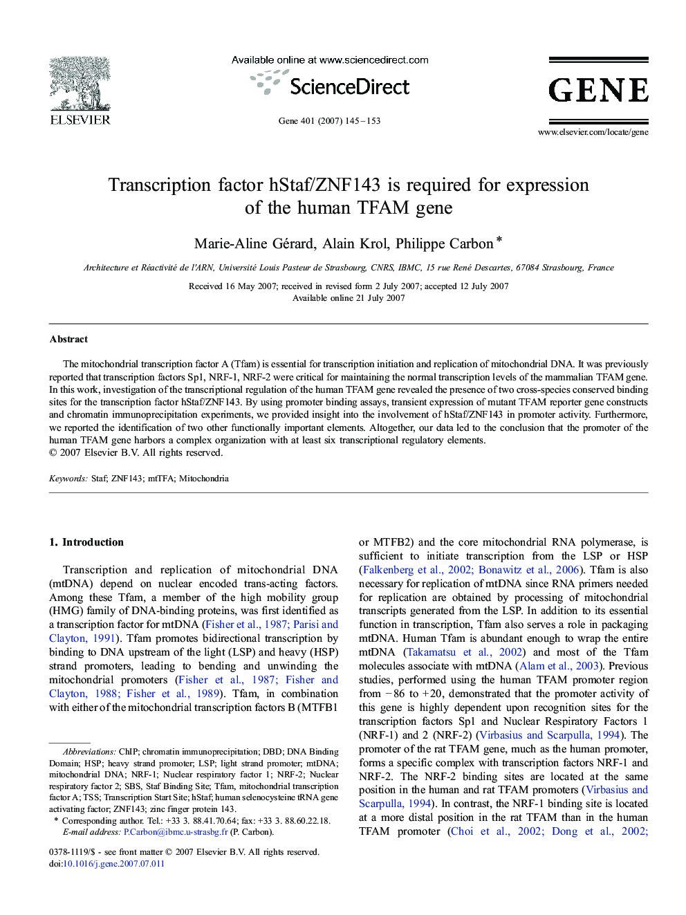 Transcription factor hStaf/ZNF143 is required for expression of the human TFAM gene