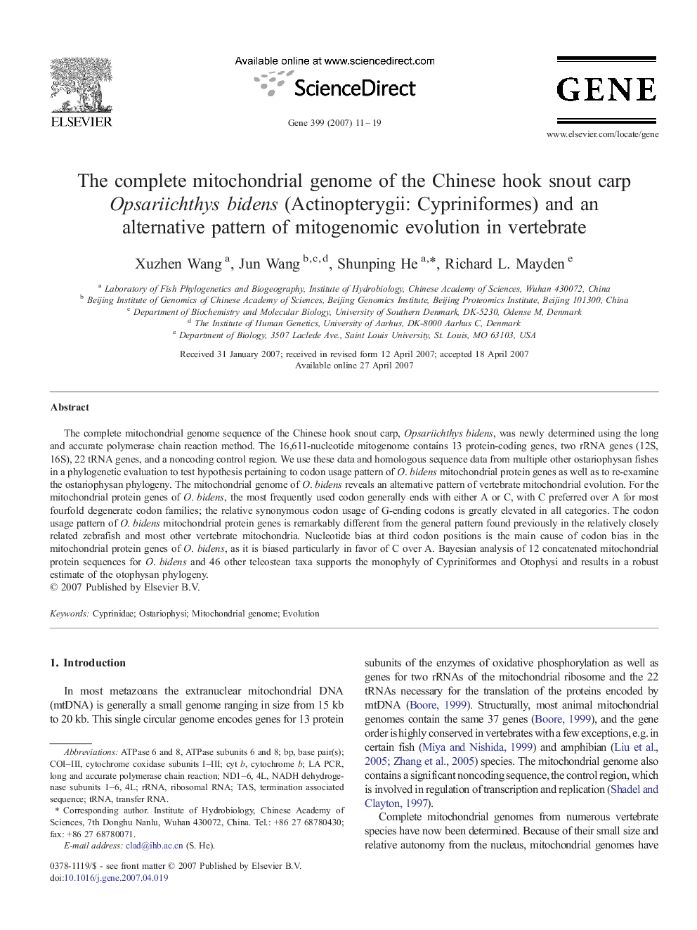 The complete mitochondrial genome of the Chinese hook snout carp Opsariichthys bidens (Actinopterygii: Cypriniformes) and an alternative pattern of mitogenomic evolution in vertebrate