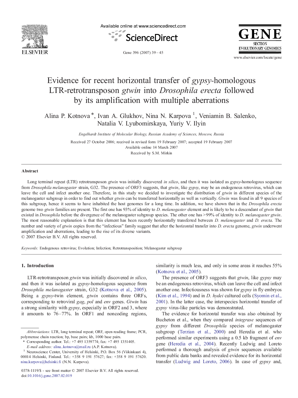 Evidence for recent horizontal transfer of gypsy-homologous LTR-retrotransposon gtwin into Drosophila erecta followed by its amplification with multiple aberrations