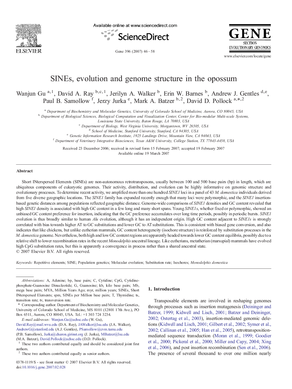 SINEs, evolution and genome structure in the opossum