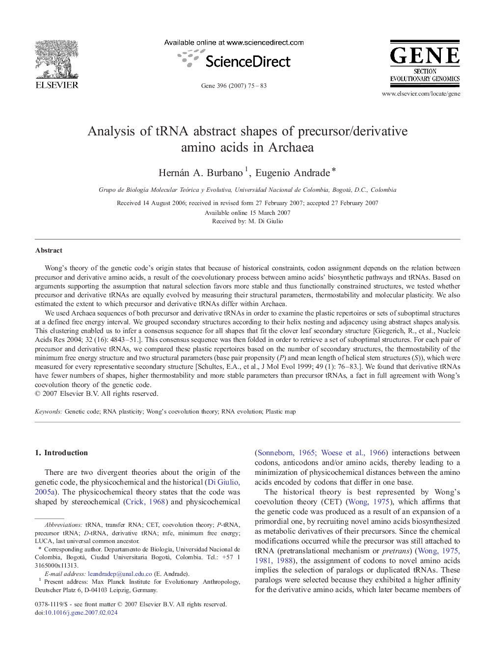 Analysis of tRNA abstract shapes of precursor/derivative amino acids in Archaea