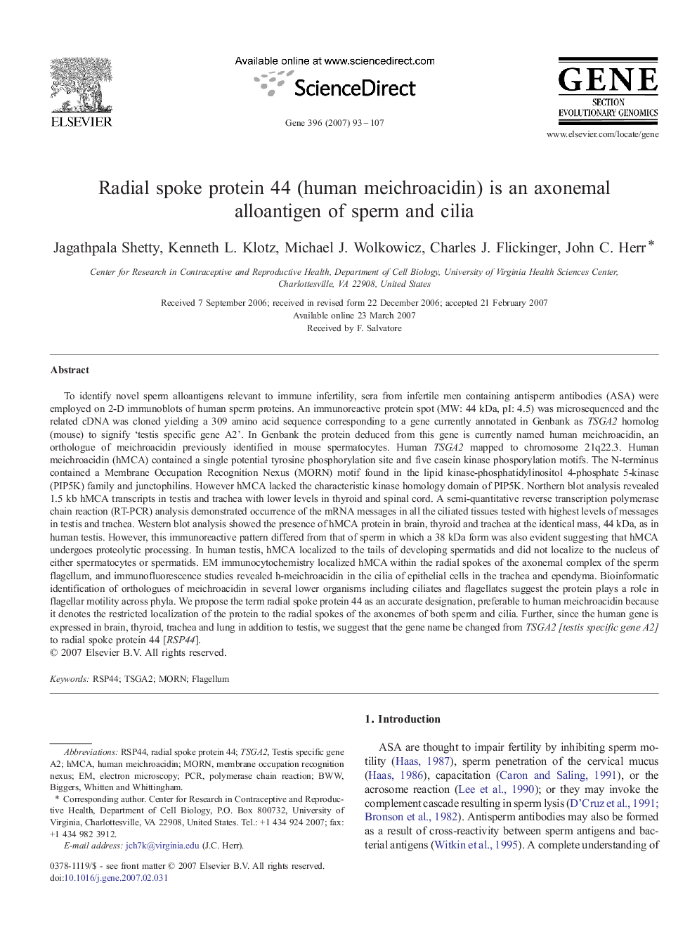 Radial spoke protein 44 (human meichroacidin) is an axonemal alloantigen of sperm and cilia