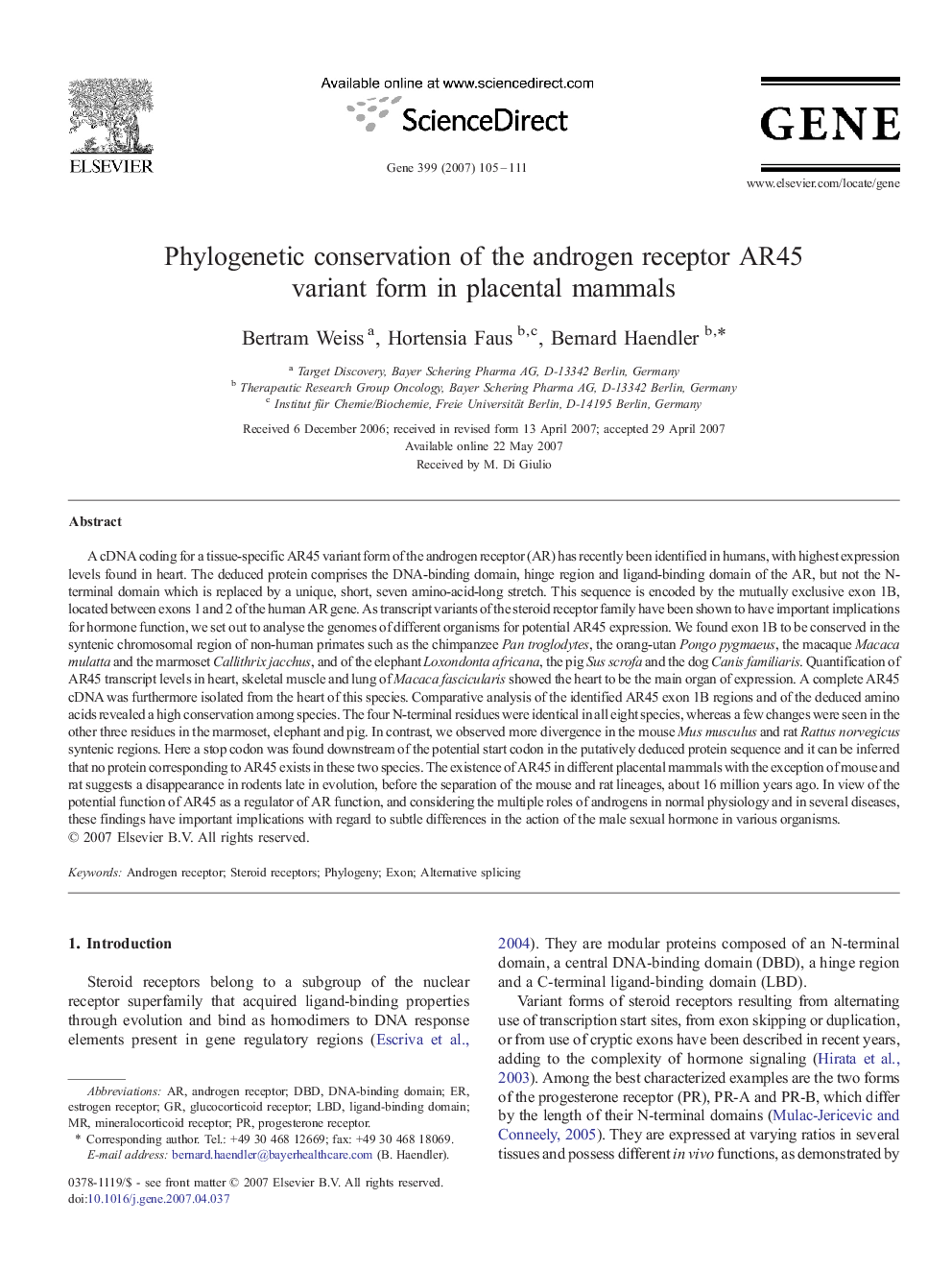 Phylogenetic conservation of the androgen receptor AR45 variant form in placental mammals