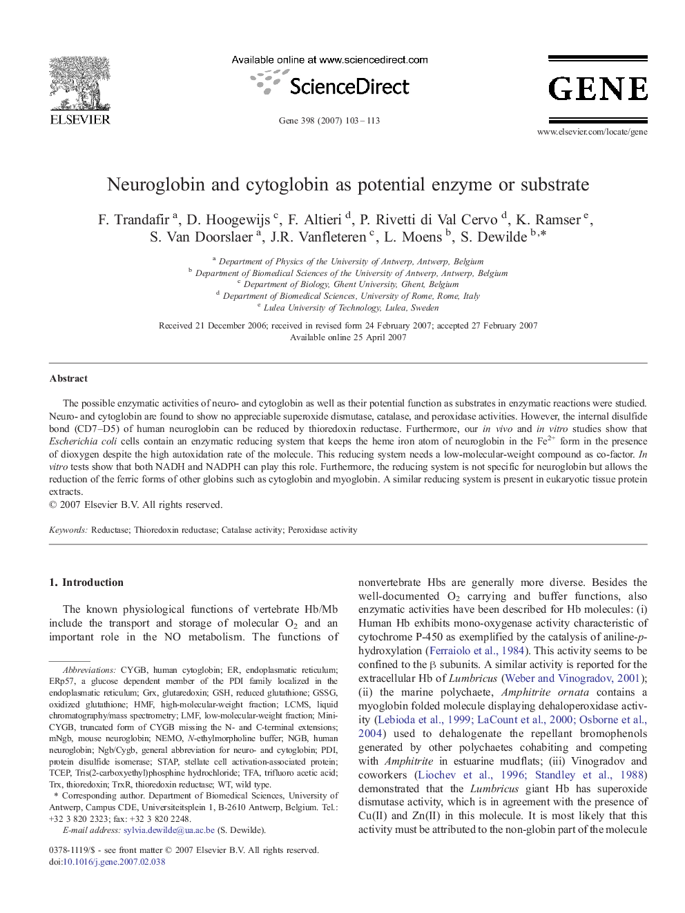 Neuroglobin and cytoglobin as potential enzyme or substrate