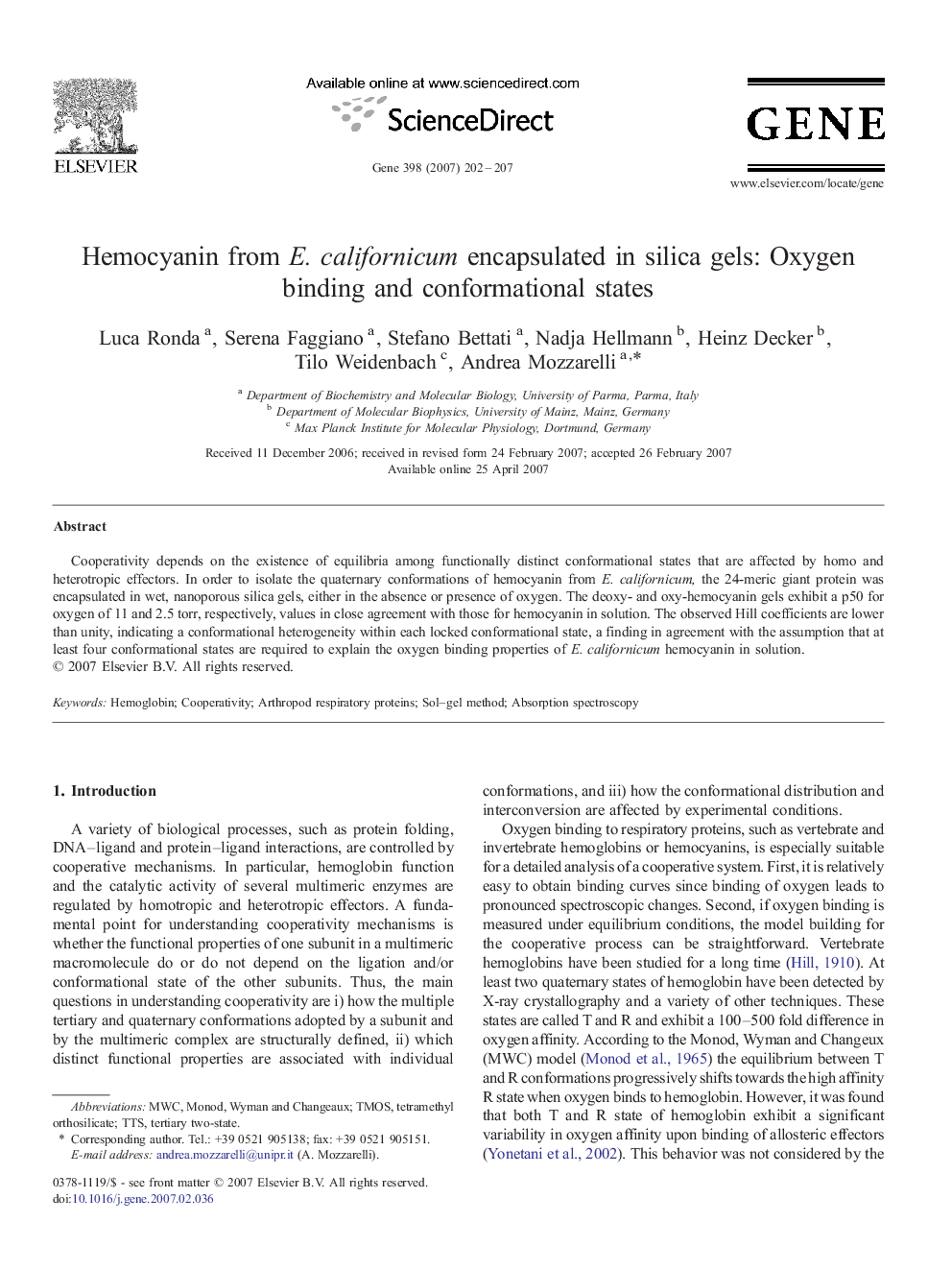 Hemocyanin from E. californicum encapsulated in silica gels: Oxygen binding and conformational states