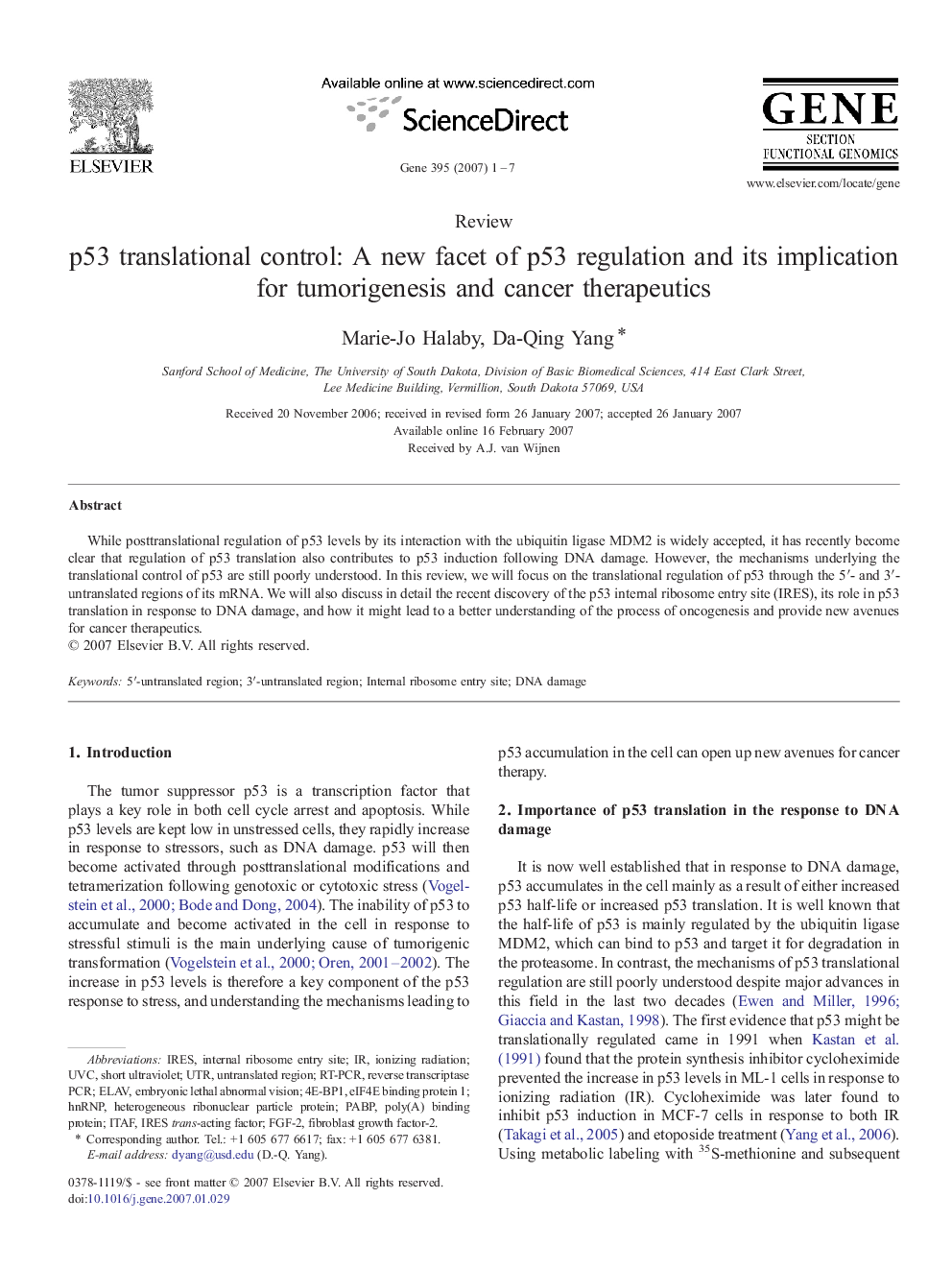 p53 translational control: A new facet of p53 regulation and its implication for tumorigenesis and cancer therapeutics