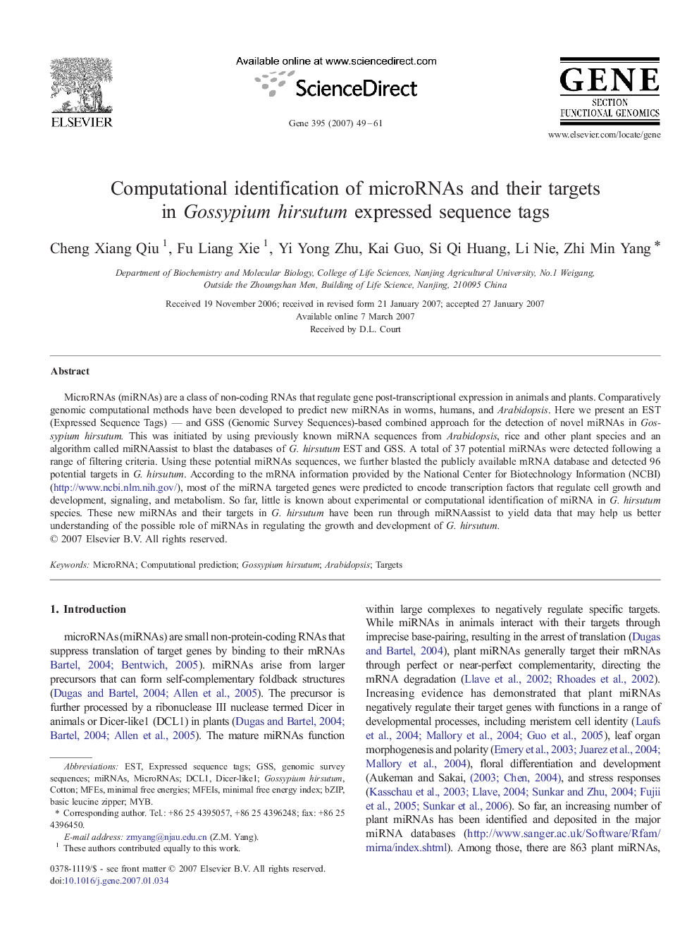 Computational identification of microRNAs and their targets in Gossypium hirsutum expressed sequence tags