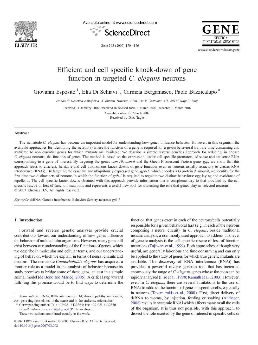 Efficient and cell specific knock-down of gene function in targeted C. elegans neurons