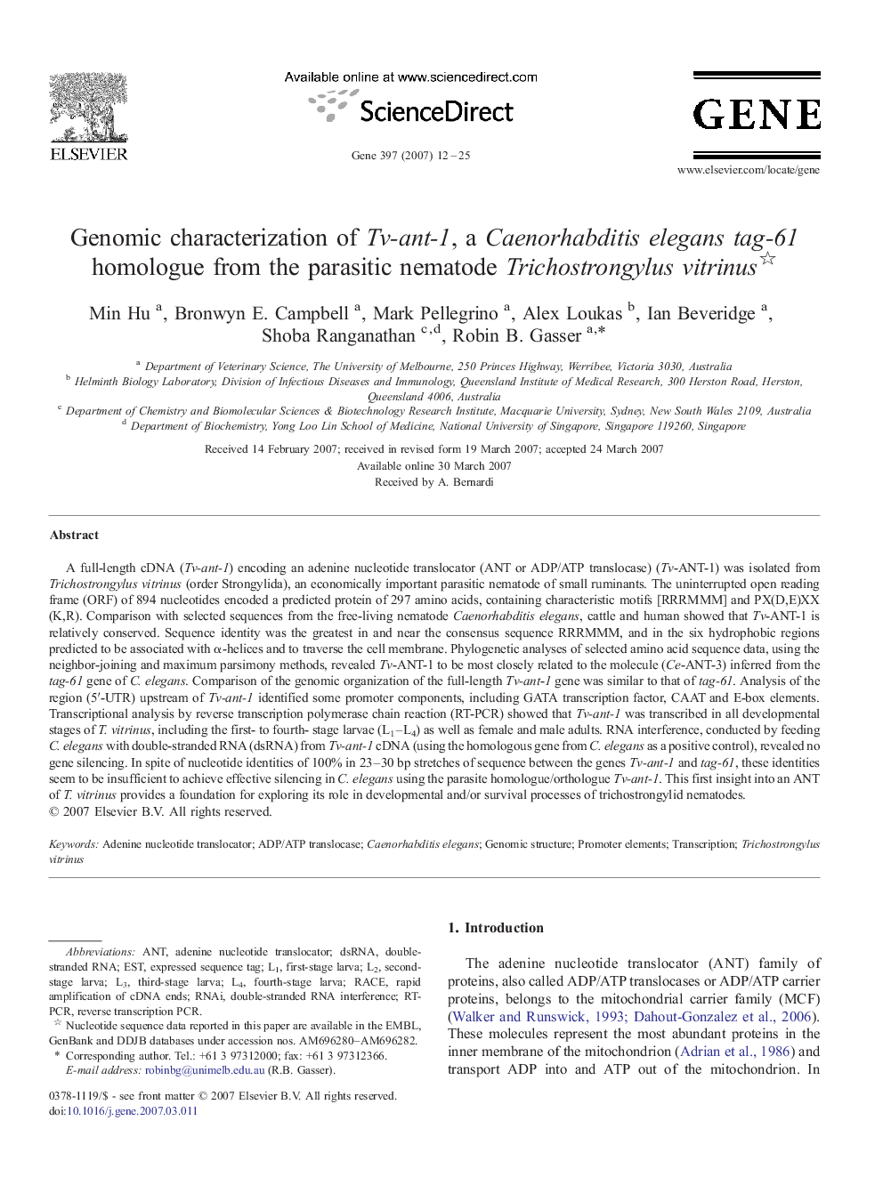 Genomic characterization of Tv-ant-1, a Caenorhabditis elegans tag-61 homologue from the parasitic nematode Trichostrongylus vitrinus 