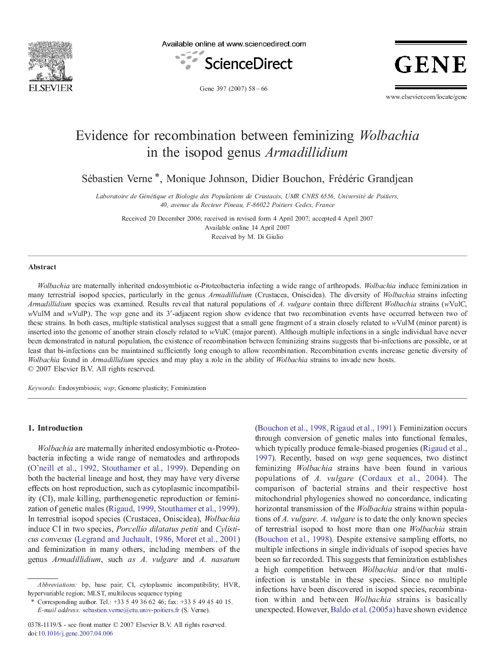 Evidence for recombination between feminizing Wolbachia in the isopod genus Armadillidium