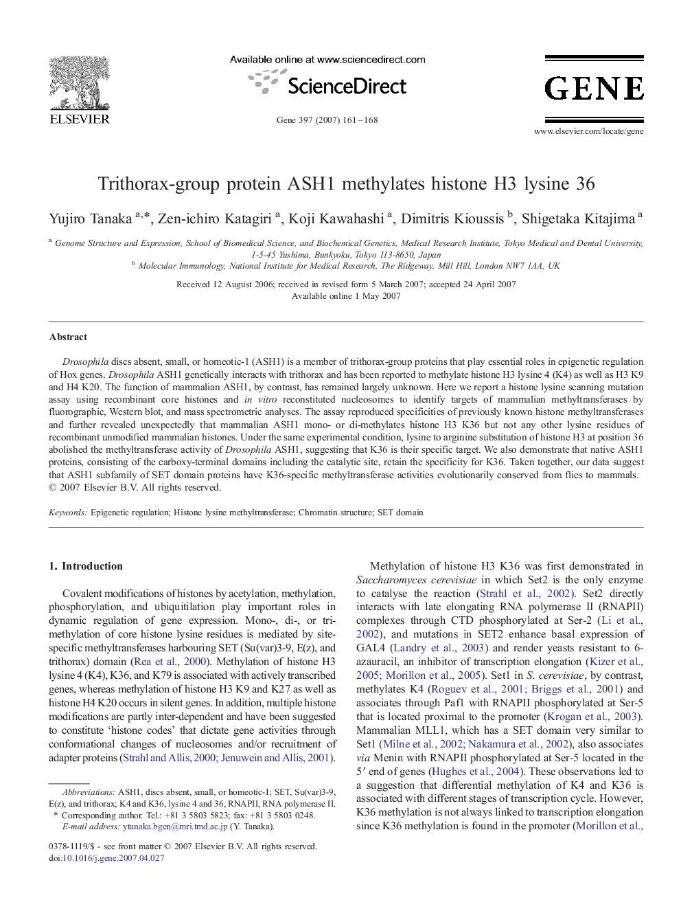 Trithorax-group protein ASH1 methylates histone H3 lysine 36