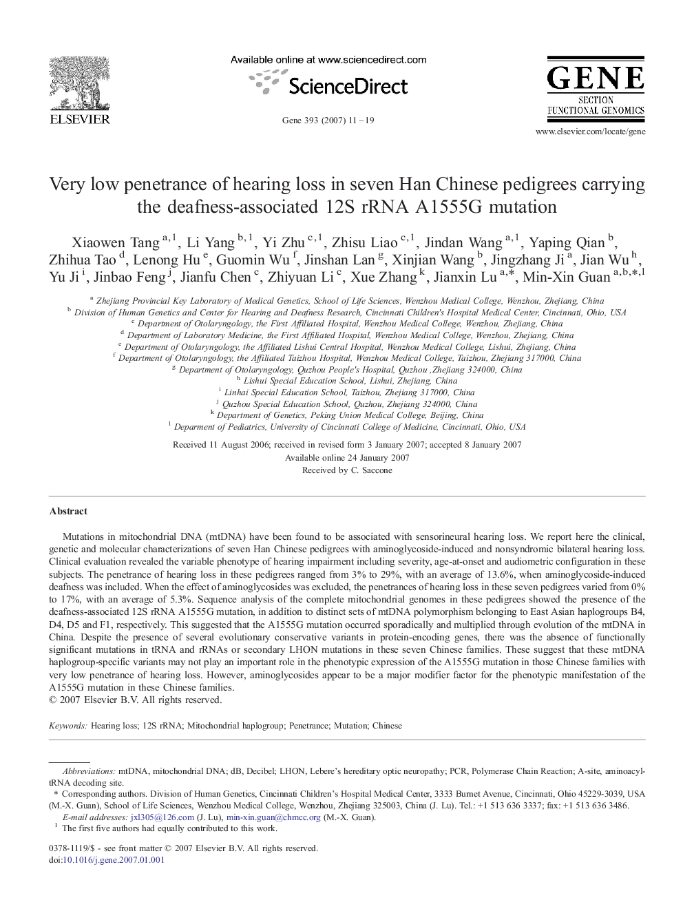 Very low penetrance of hearing loss in seven Han Chinese pedigrees carrying the deafness-associated 12S rRNA A1555G mutation