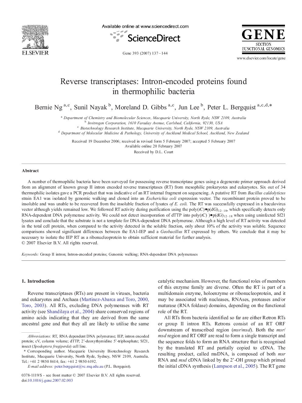 Reverse transcriptases: Intron-encoded proteins found in thermophilic bacteria