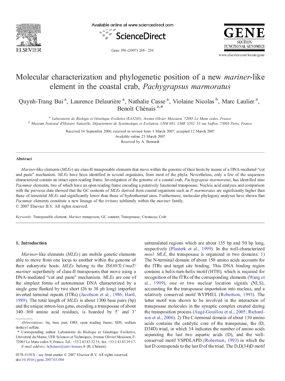 Molecular characterization and phylogenetic position of a new mariner-like element in the coastal crab, Pachygrapsus marmoratus