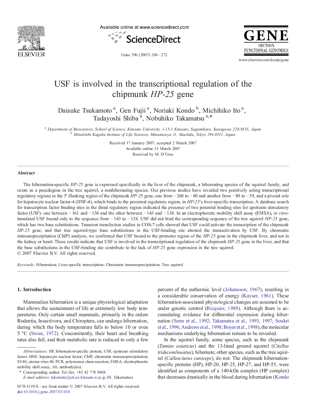 USF is involved in the transcriptional regulation of the chipmunk HP-25 gene