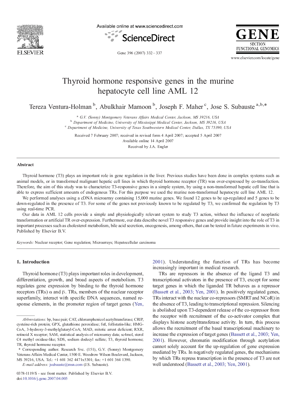 Thyroid hormone responsive genes in the murine hepatocyte cell line AML 12