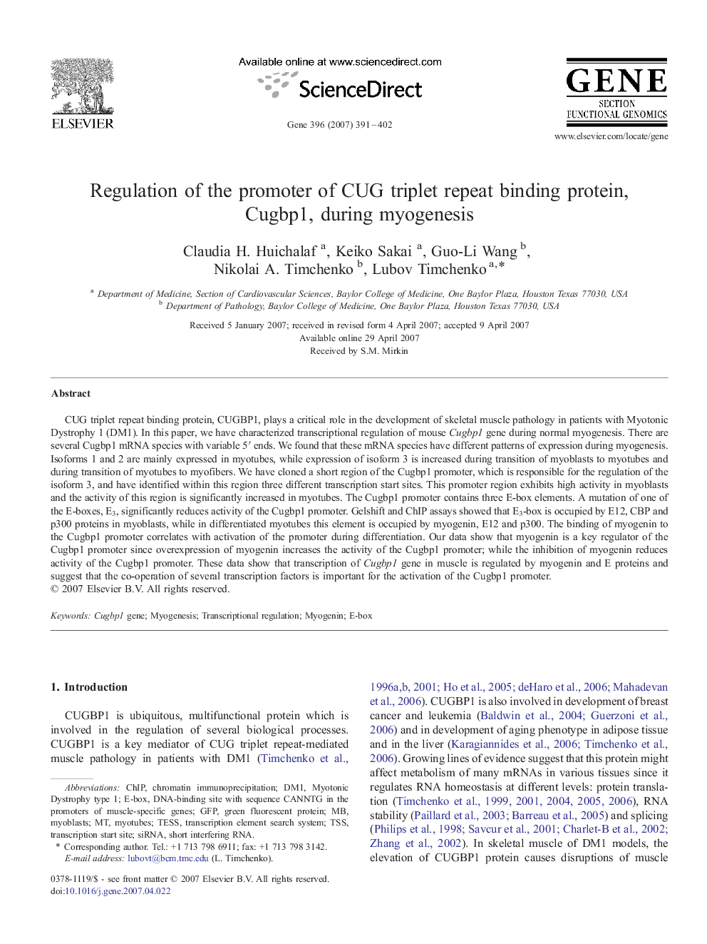 Regulation of the promoter of CUG triplet repeat binding protein, Cugbp1, during myogenesis