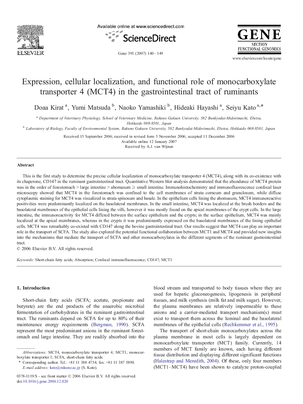 Expression, cellular localization, and functional role of monocarboxylate transporter 4 (MCT4) in the gastrointestinal tract of ruminants